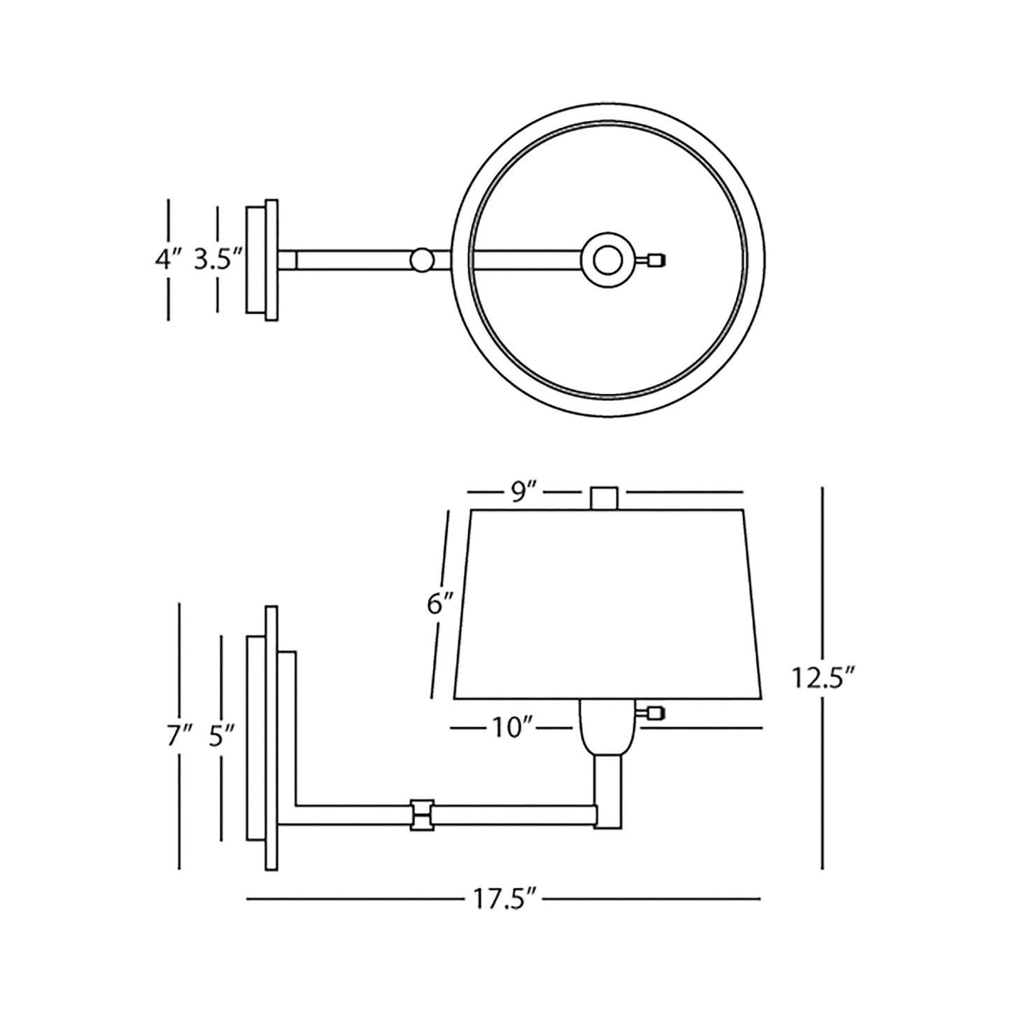 Wonton Swing Arm Wall Light - line drawing.