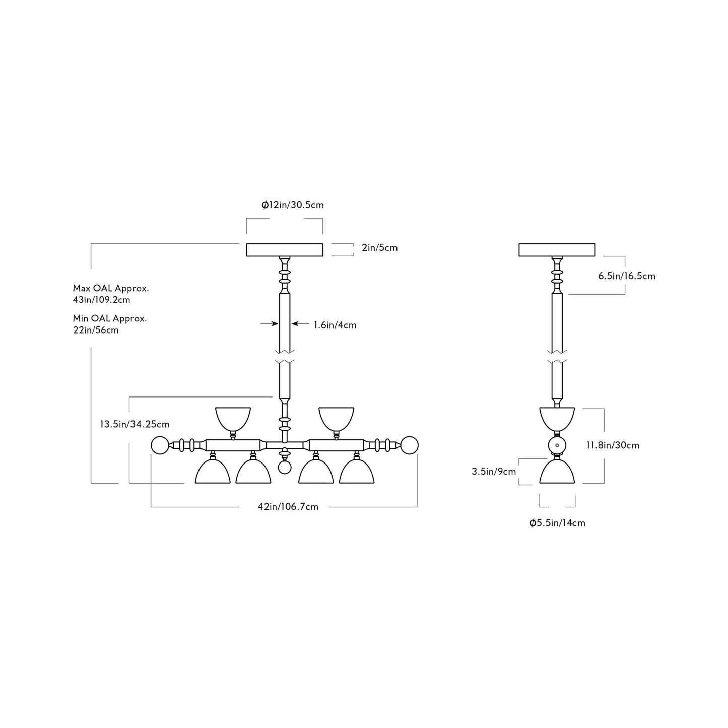 Del Playa Two Arm LED Pendant Light - line drawing.