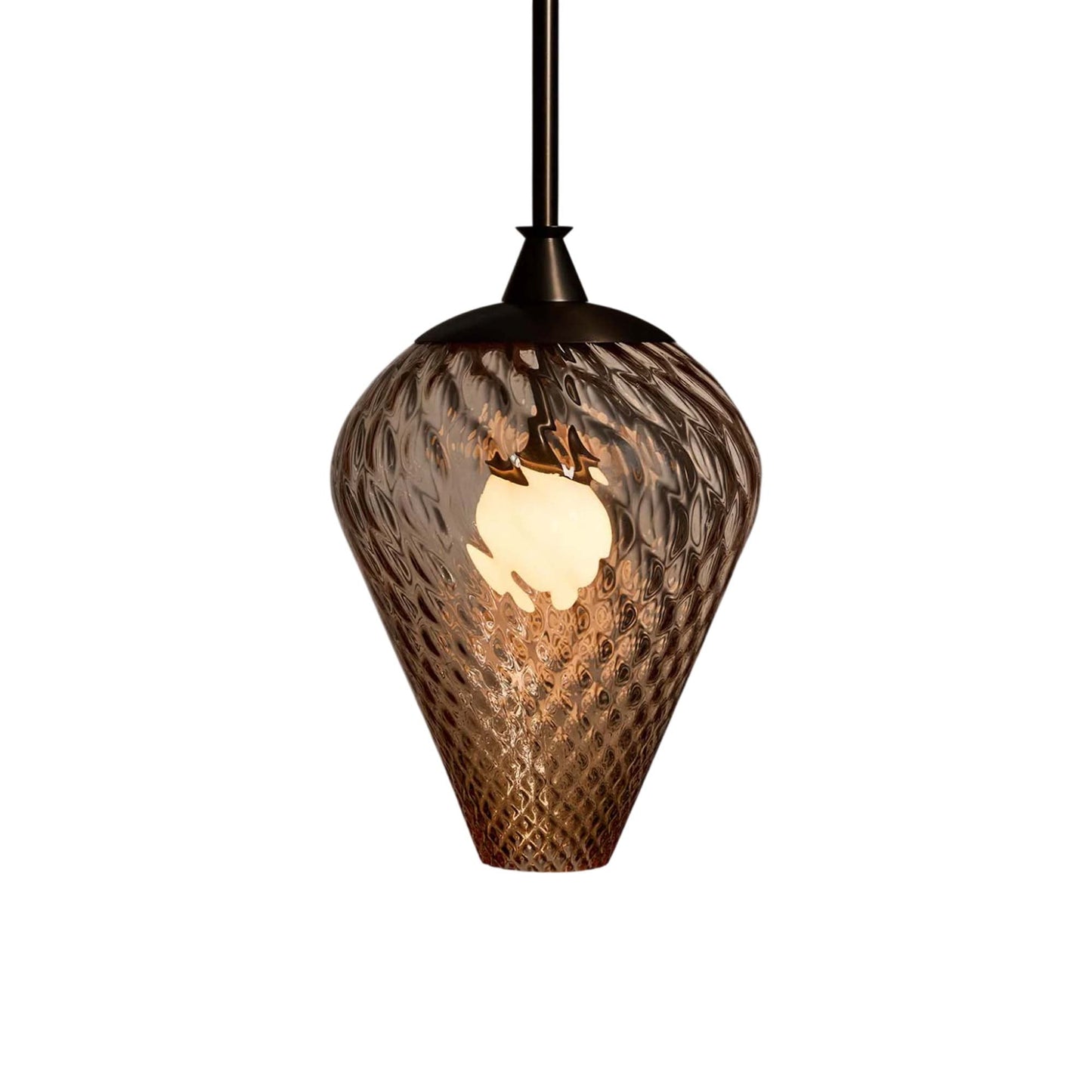 The Roll and Hill Tulip RAHP2 LED Pendant Light in Oil Rubbed Bronze/Peach Glass with Pineapple Texture.