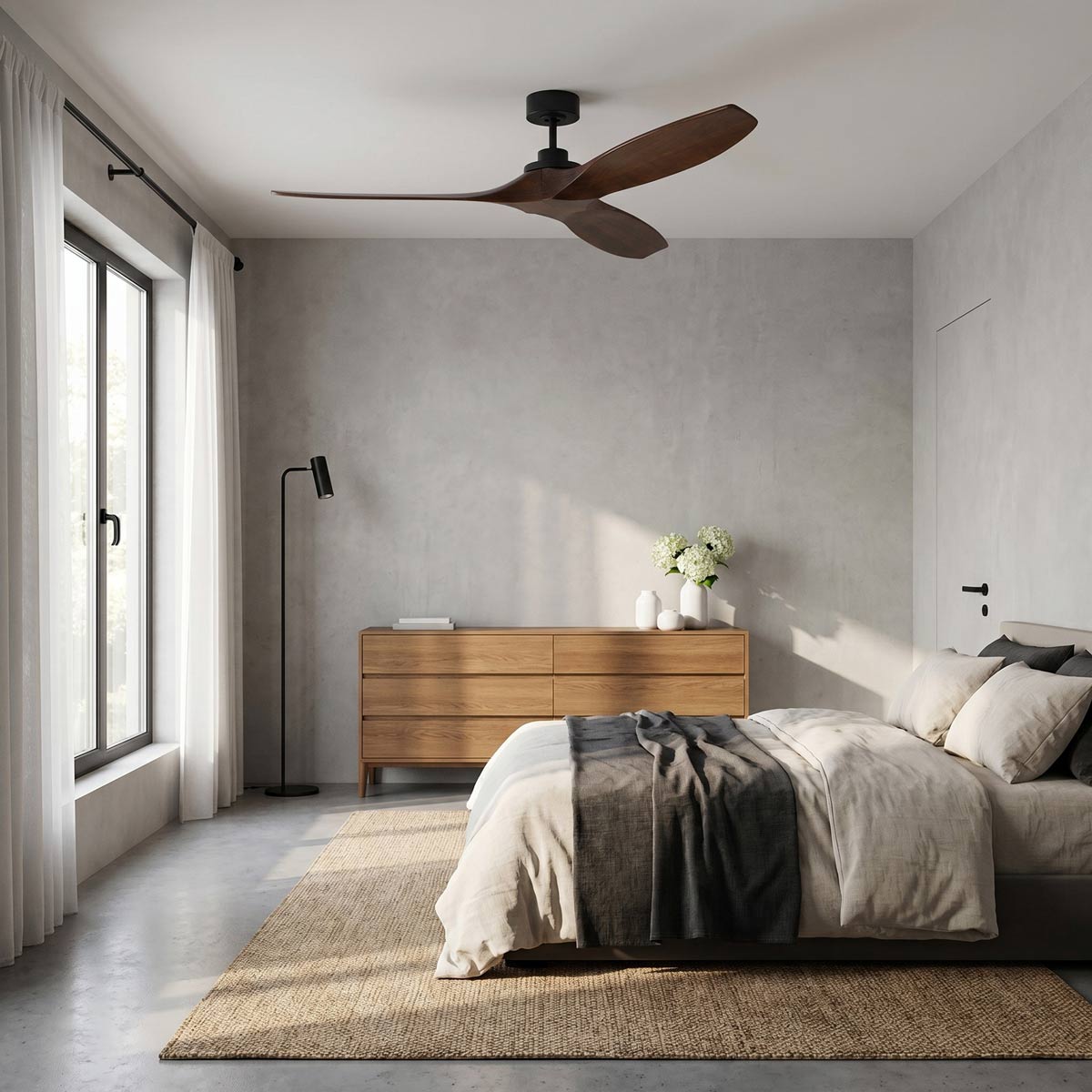 Collins Outdoor Ceiling Fan in bedroom.