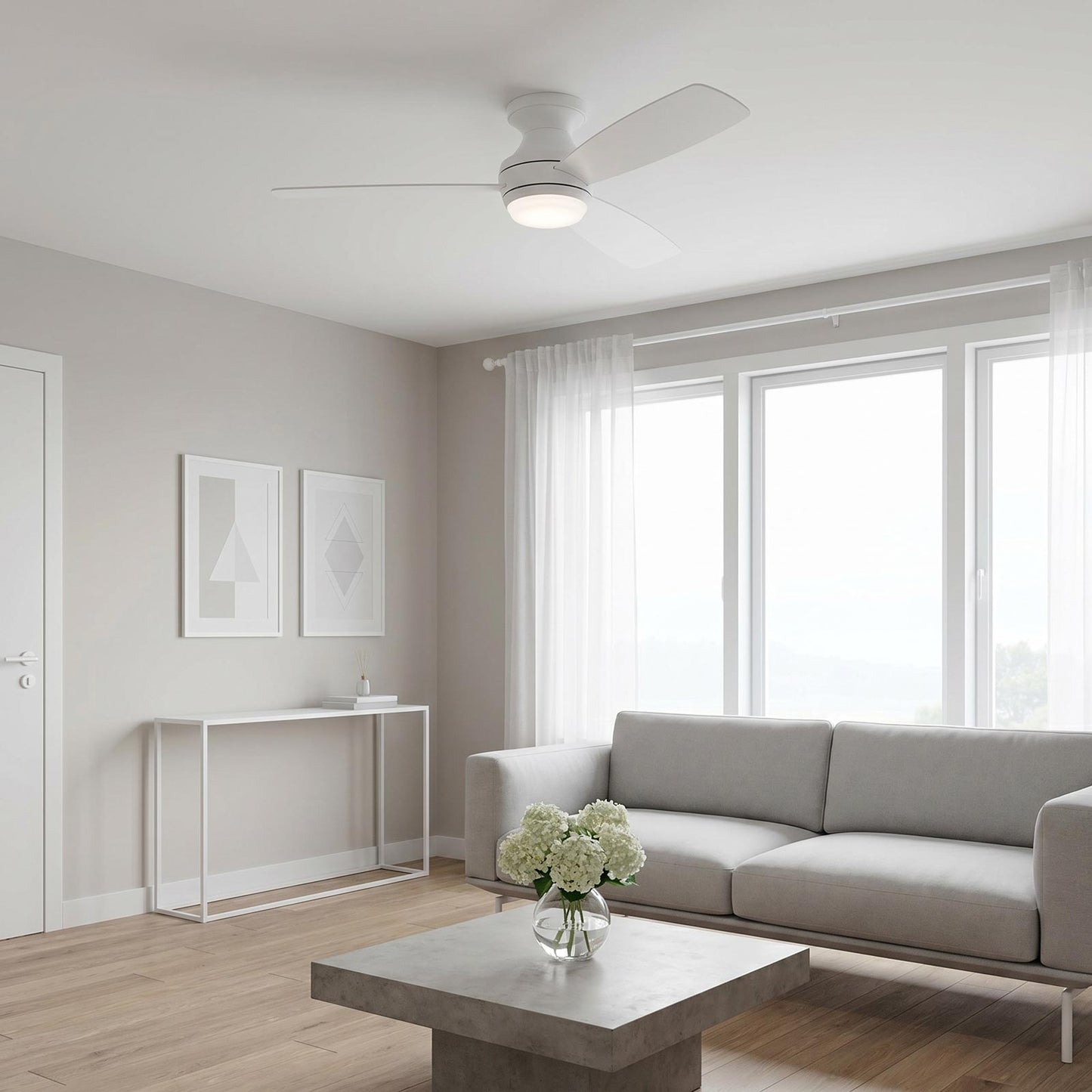 Ikon Hugger LED Ceiling Fan in living room.