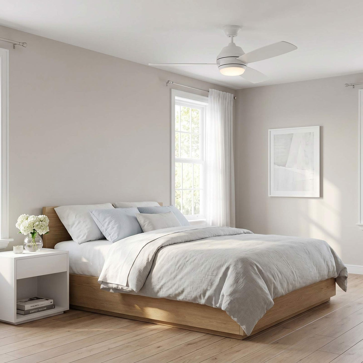 Ikon Outdoor LED Ceiling Fan in bedroom.