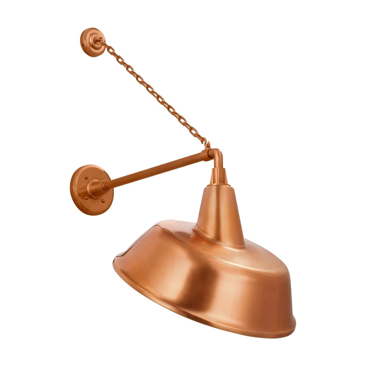 Academy Anchored Mack Barn Outdoor Wall Light in Soft Copper (16-Inch Soft Copper Tilted Bowers Shade).