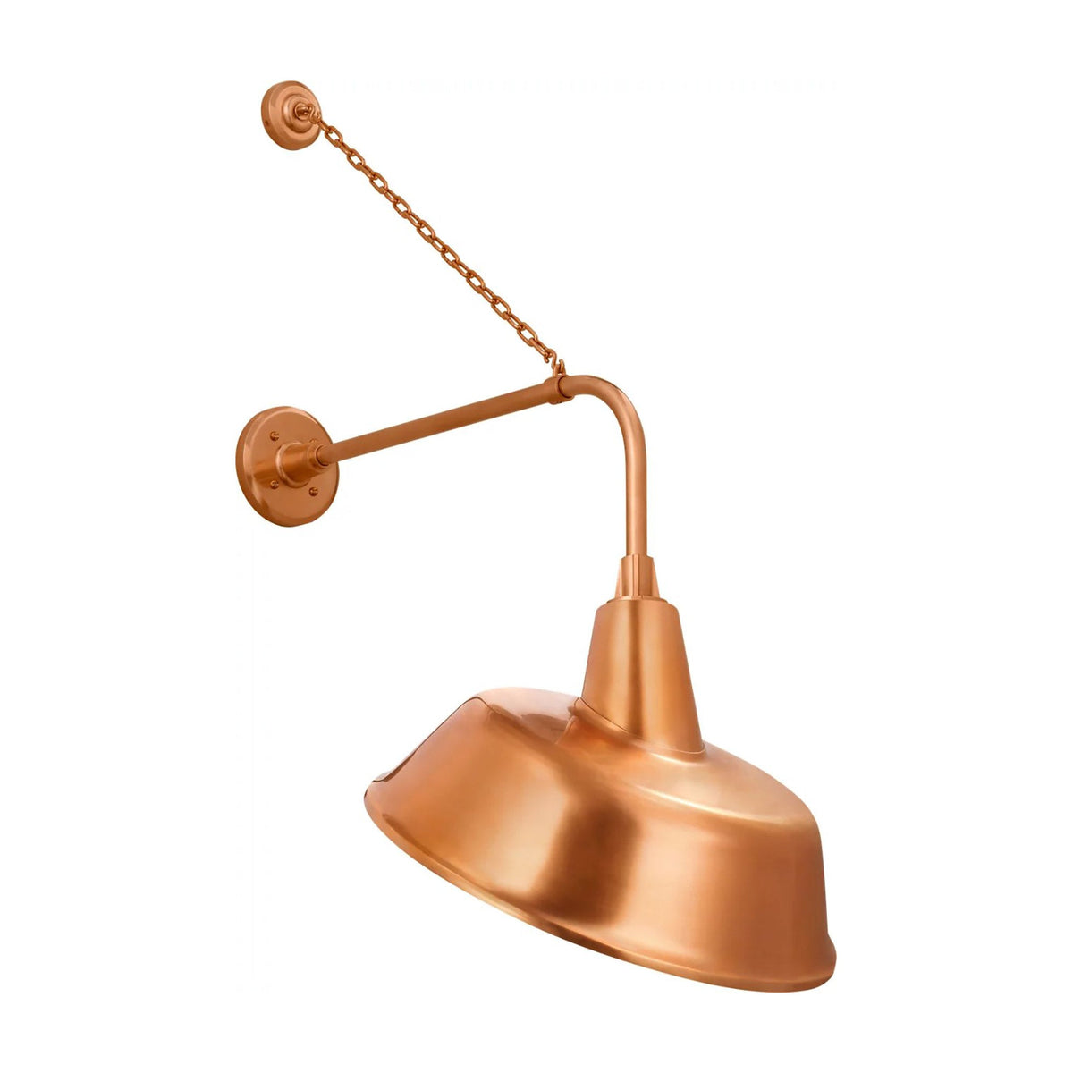 Academy Anchored Rex Barn Outdoor Wall Light in Soft Copper (16-Inch Soft Copper Tilted Bowers Shade).