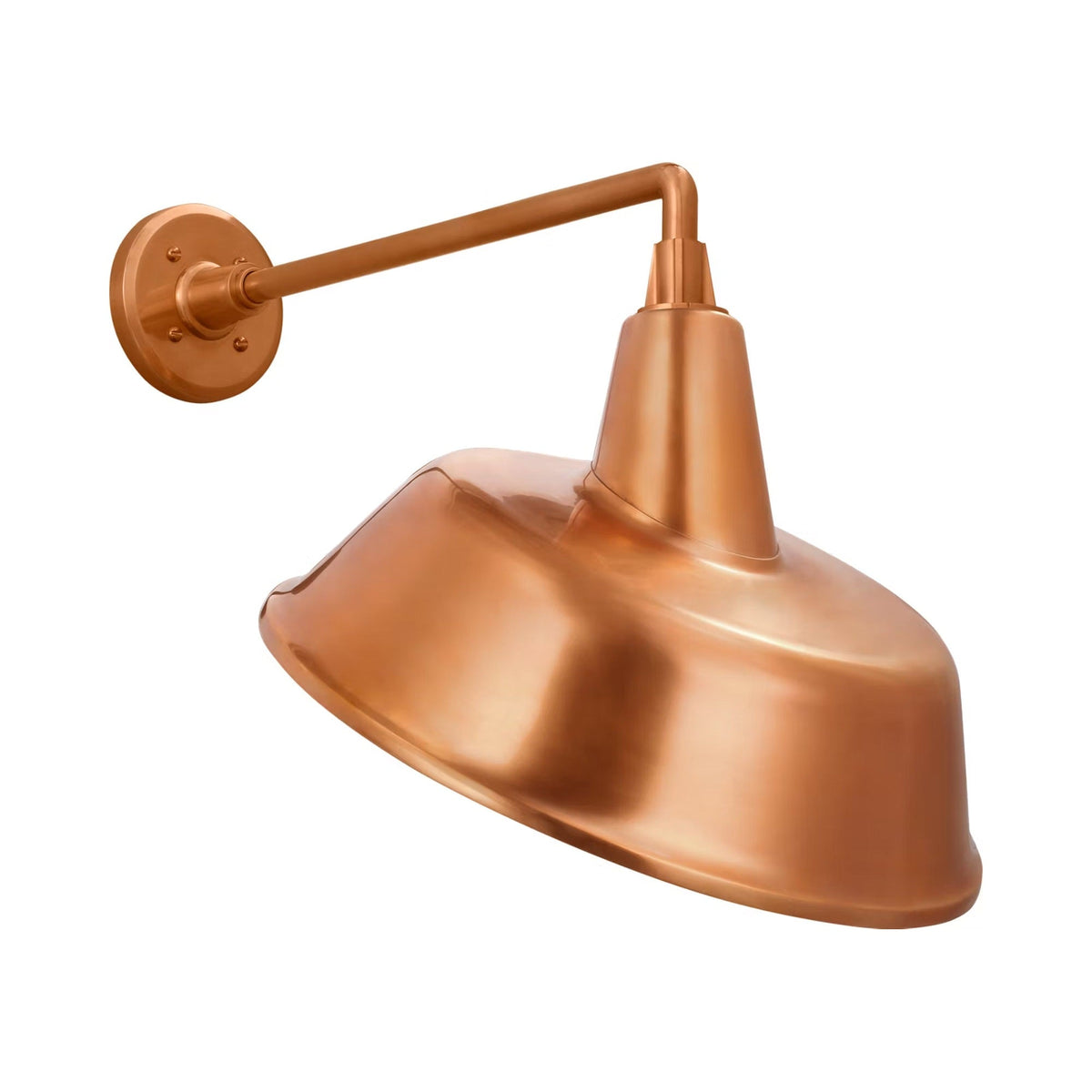 Academy Mack Barn Outdoor Wall Light in Soft Copper (16-Inch Soft Copper Tilted Bowers Shade).