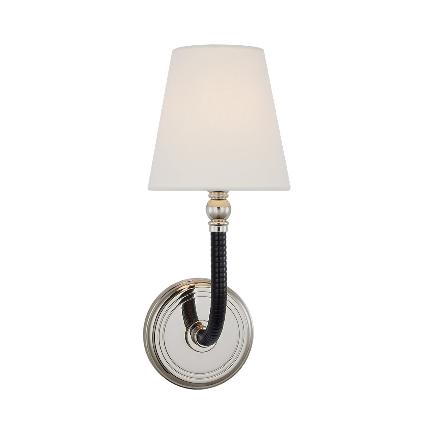 Basden Wall Light in Polished Nickel/Black Rattan.
