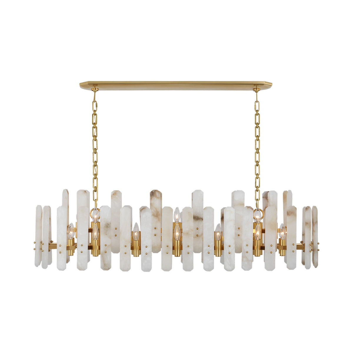Bonnington Linear Chandelier in Hand-Rubbed Antique Brass/Alabaster.