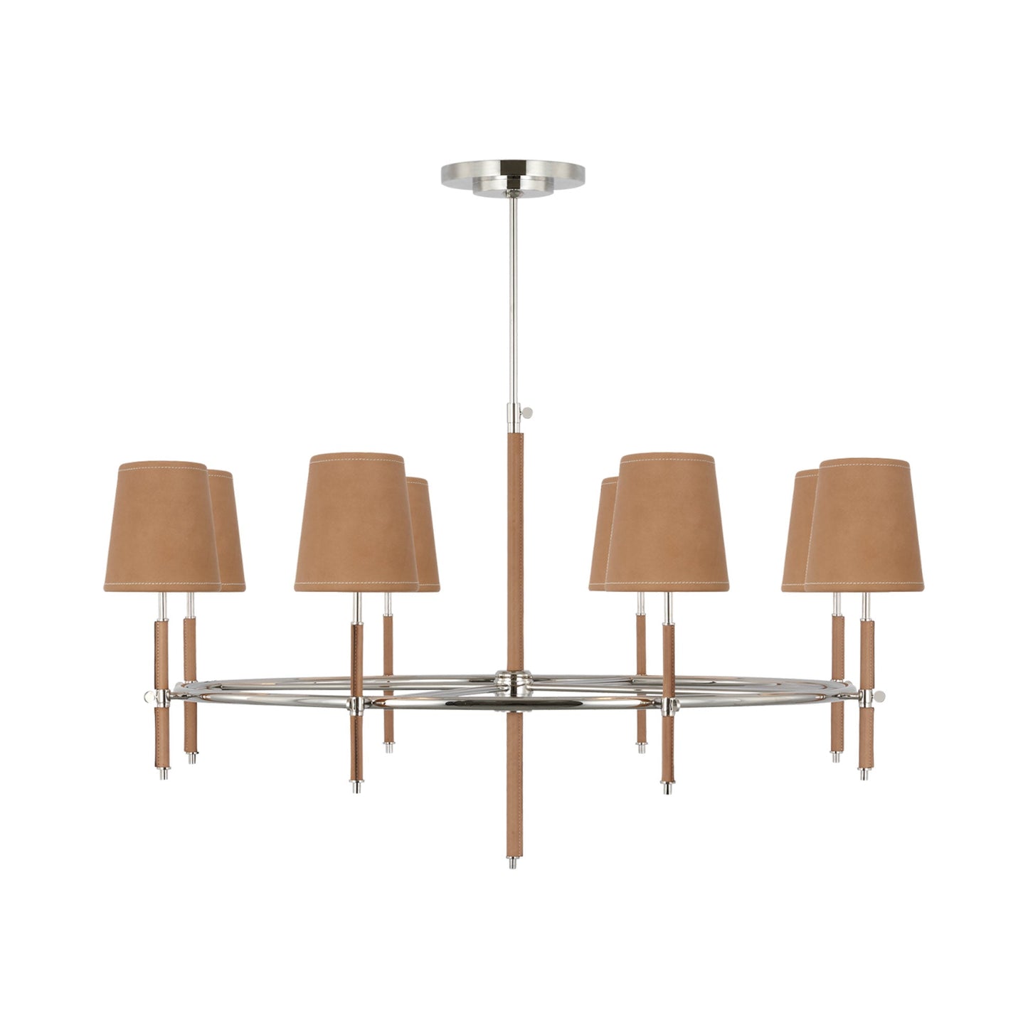 Bryant Ring Chandelier in Polished Nickel and Natural Leather (Wrapped/Natural Leather).