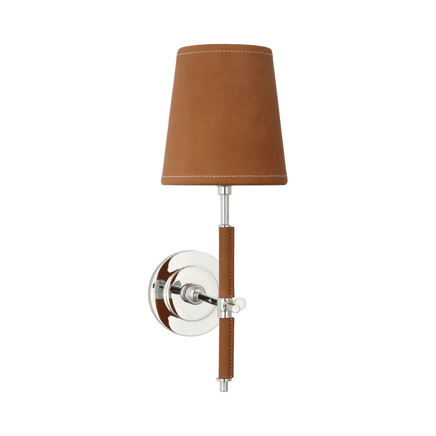 Bryant Wall Light in Polished Nickel and Natural Leather/Natural Leather.