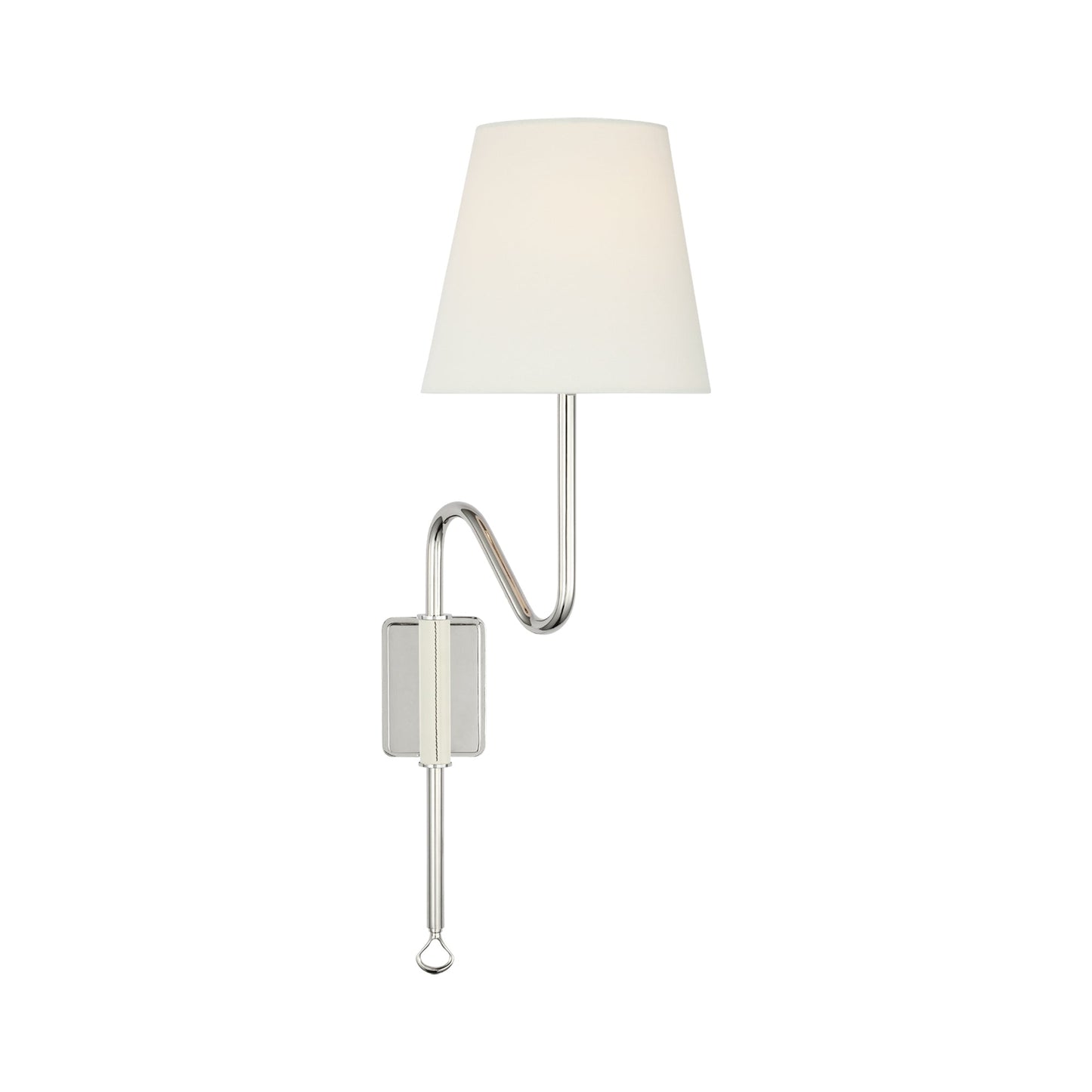 Griffin Articulating Wall Light in Polished Nickel/Parchment Leather.