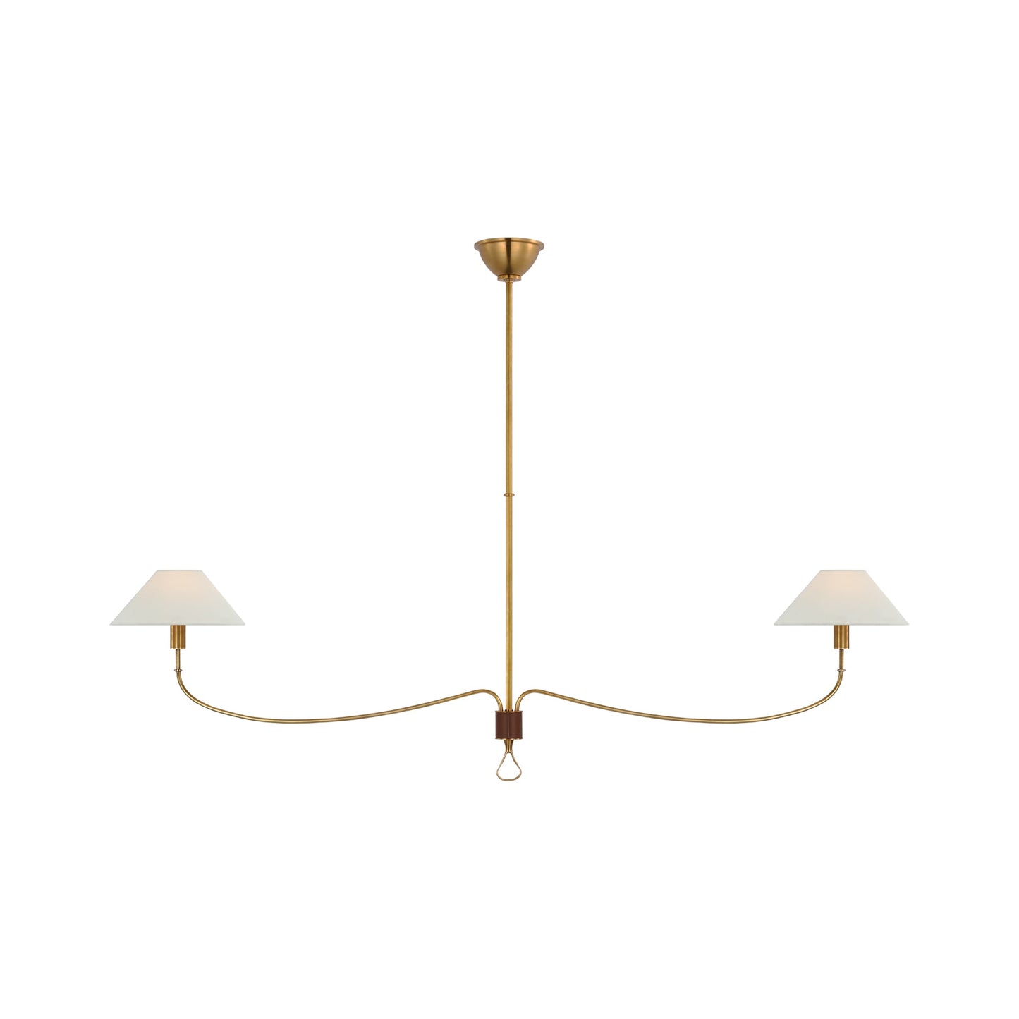 Griffin Linear Chandelier in Hand-Rubbed Antique Brass/Saddle Leather.