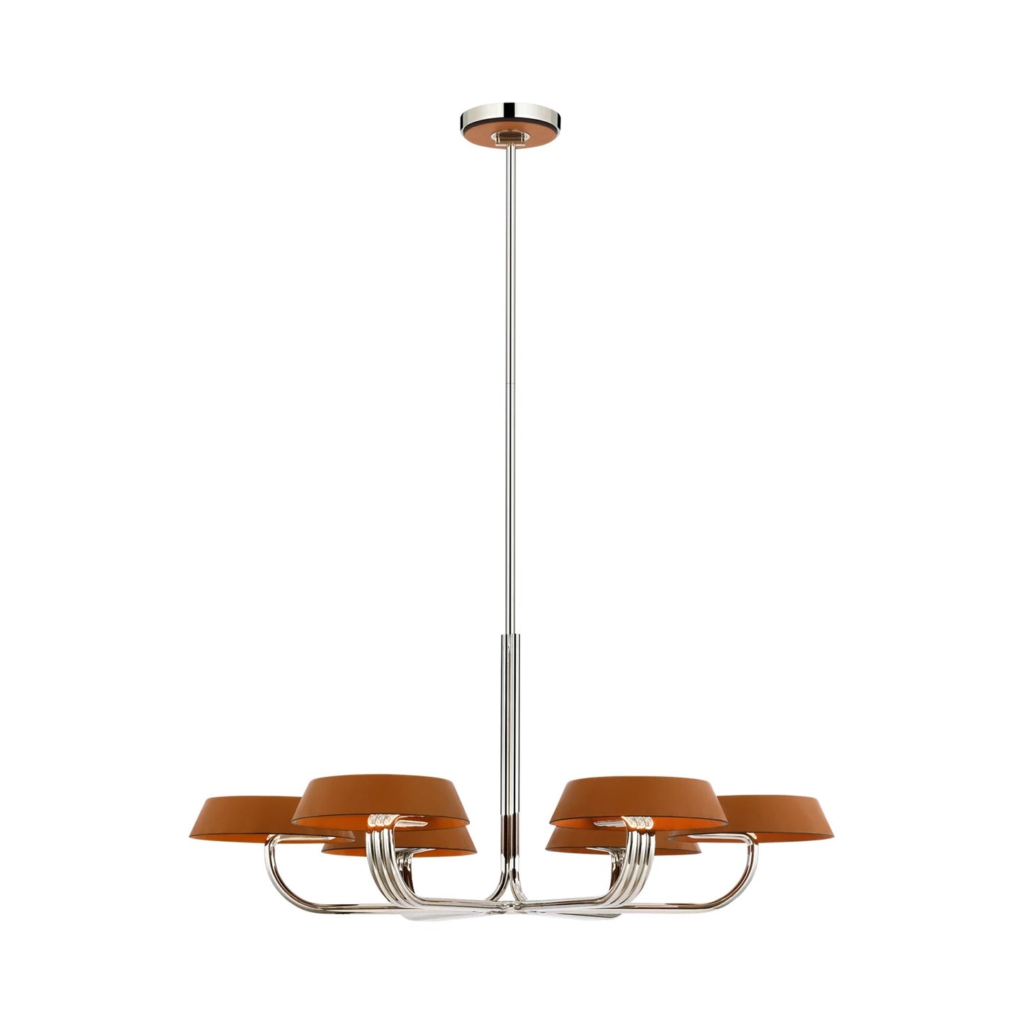 Hudson St. LED Chandelier in Polished Nickel and Nutmeg Leather.