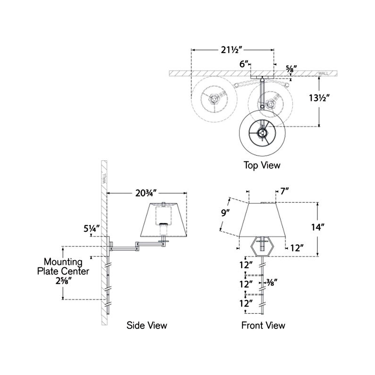 Olivier Swing Arm Wall Light - line drawing.