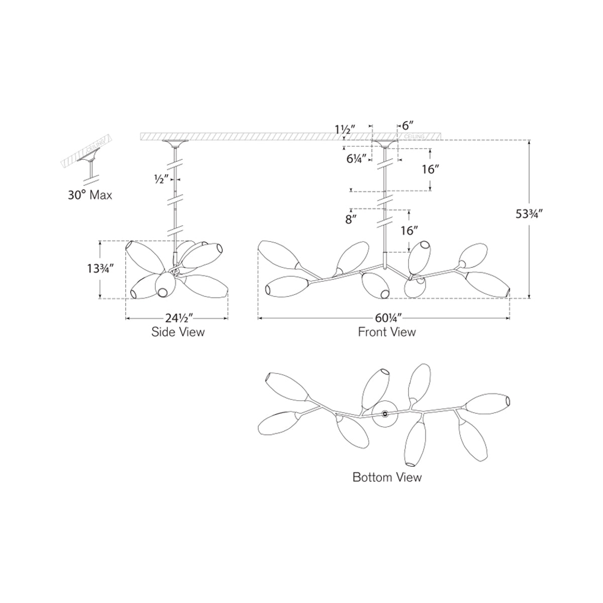 Toscano Linear Chandelier - line drawing.