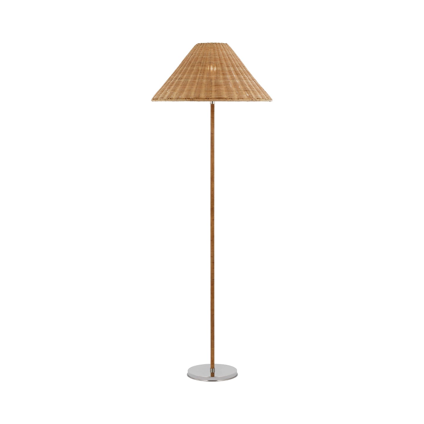 Wimberley Floor Lamp in Polished Nickel/Natural Wicker.