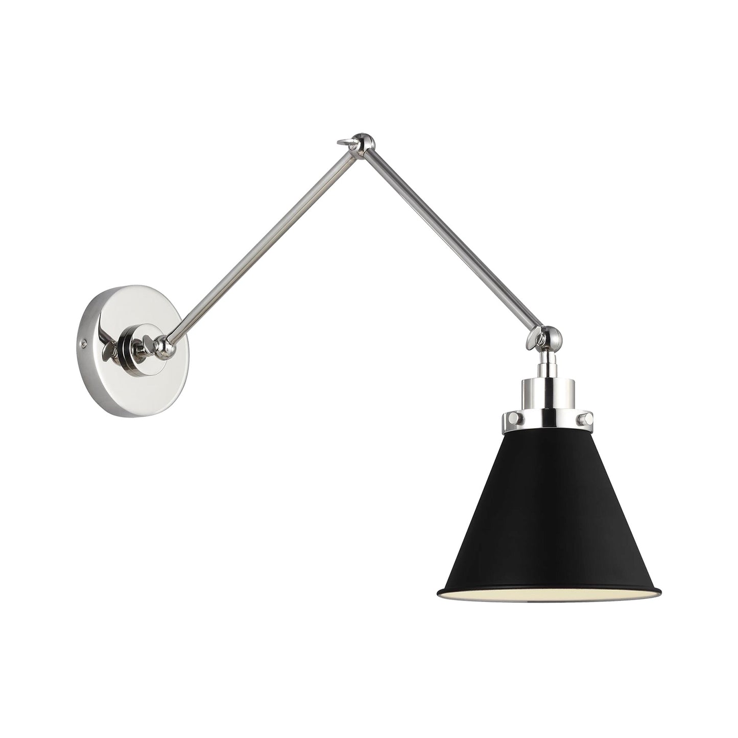 Wellfleet Adjustable Cone Wall Light in Midnight Black/Polished Nickel.