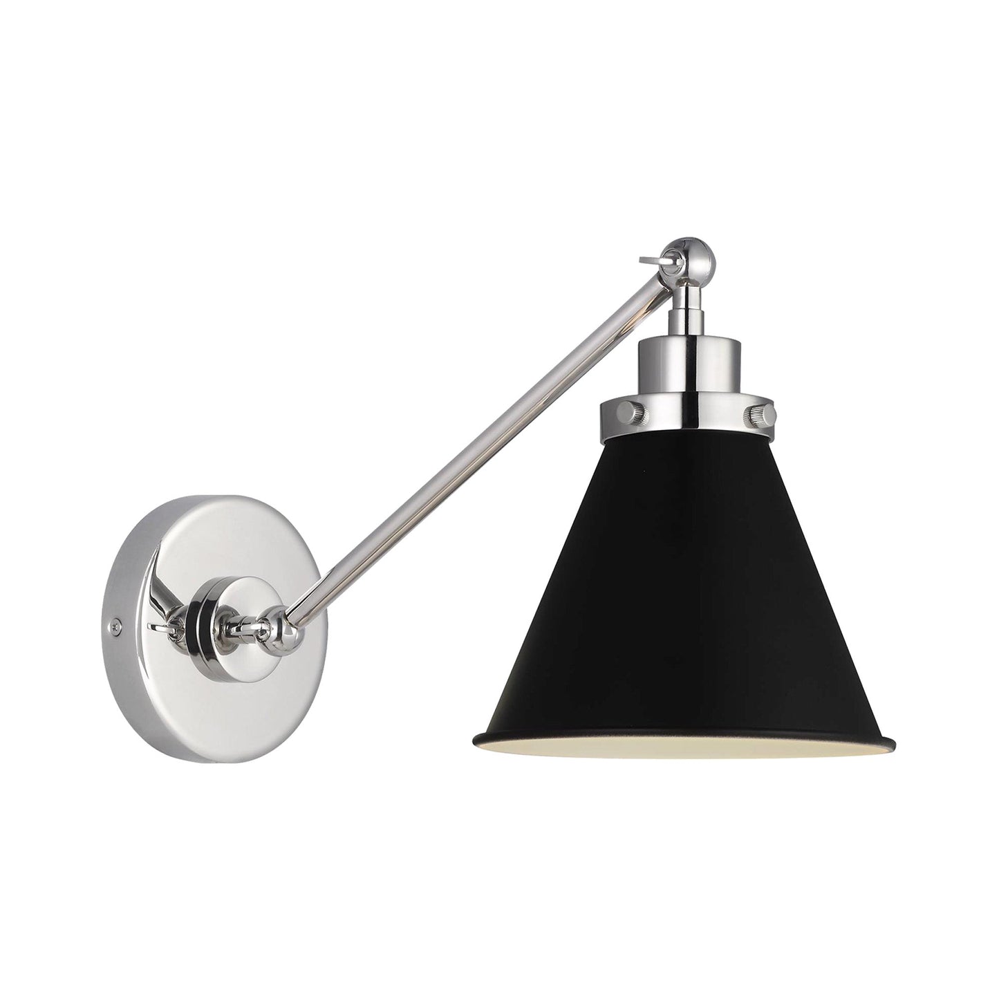Wellfleet Cone Wall Light in Midnight Black/Polished Nickel.