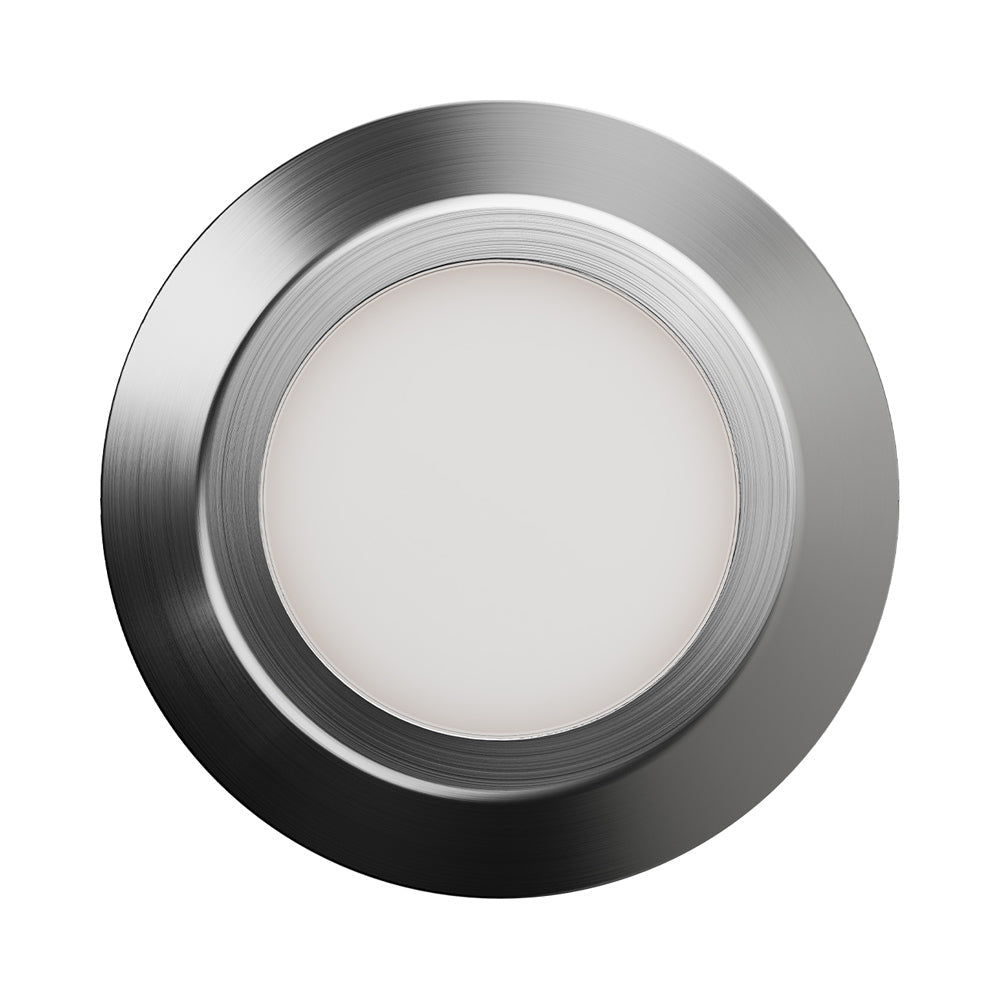 2-Inch Surface Mount Round Outdoor LED Path Light in Stainless Steel.