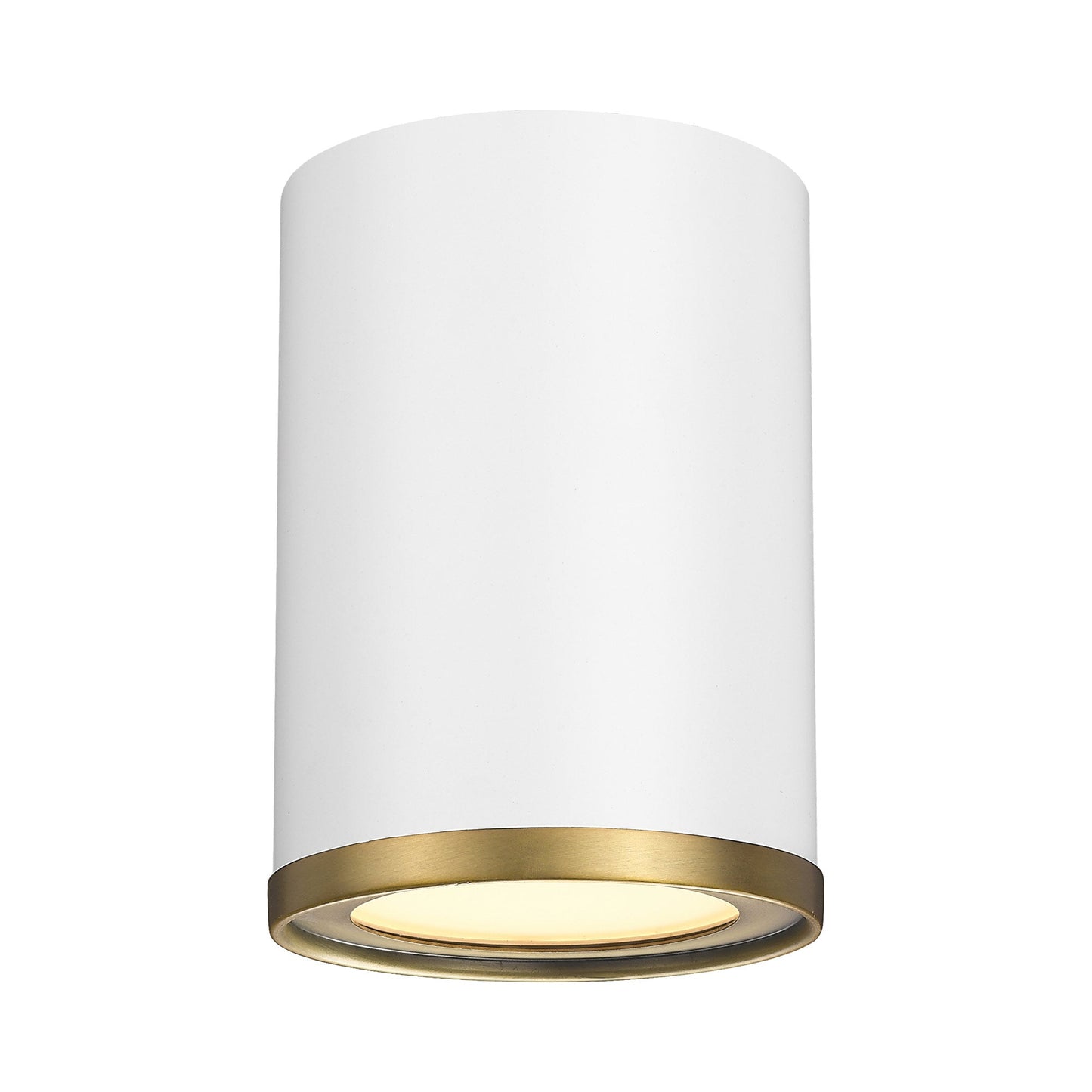 Arlo Flush Mount Ceiling Light in Matte White/Rubbed Brass.