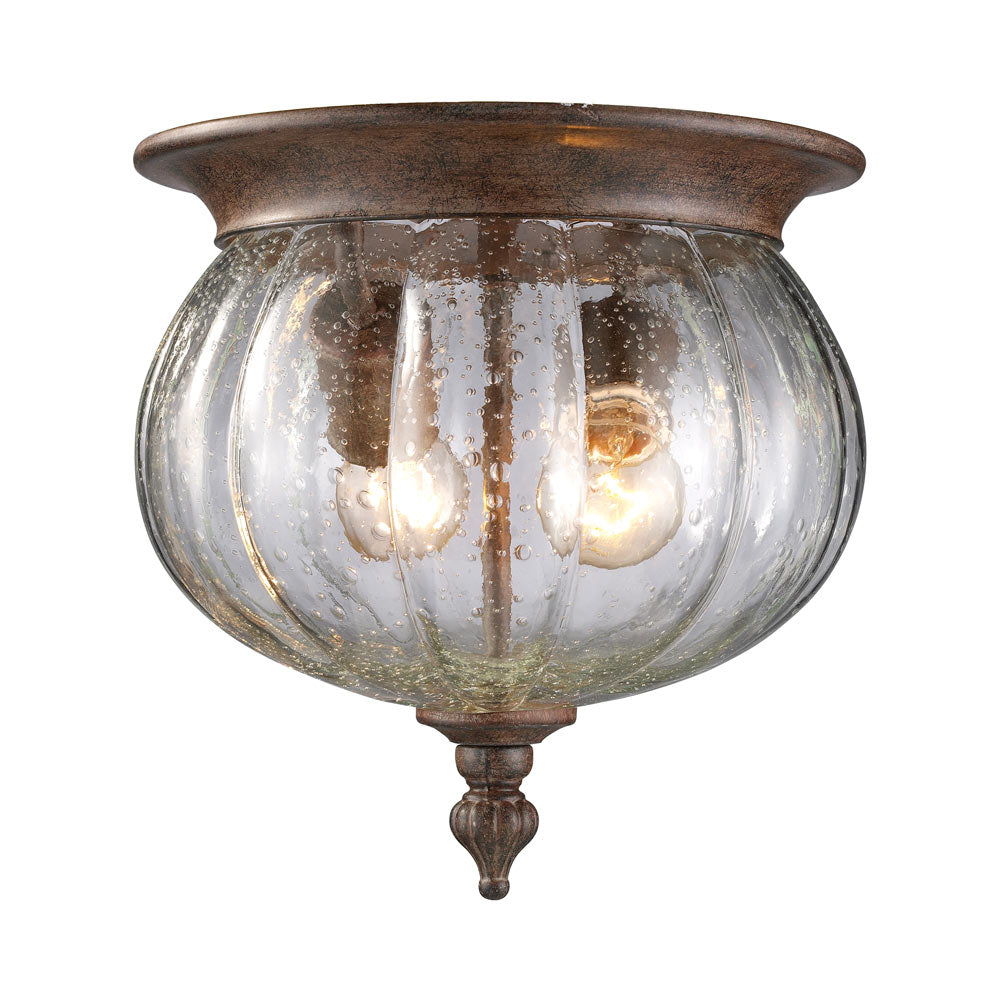 Belmont Outdoor Flush Mount Ceiling Light in Weathered Bronze.
