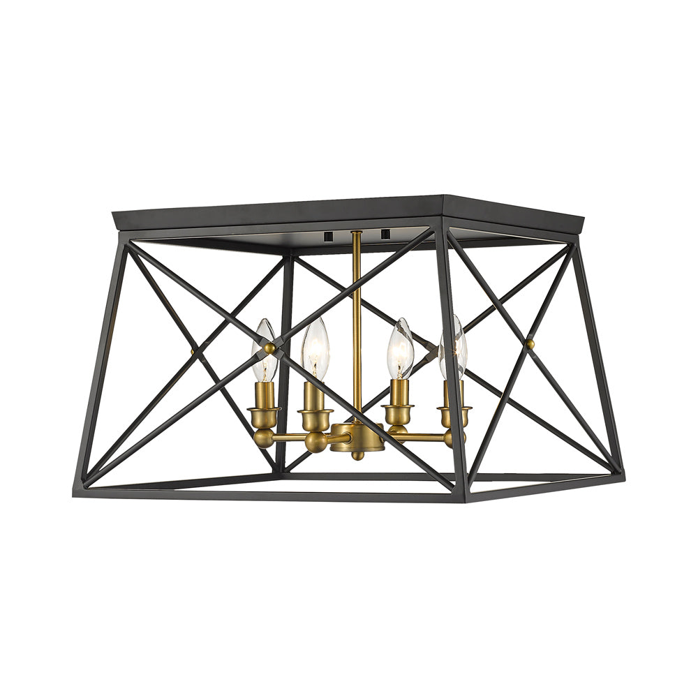 Trestle Flush Mount Ceiling Light in Matte Black/Olde Brass (18-Inch).