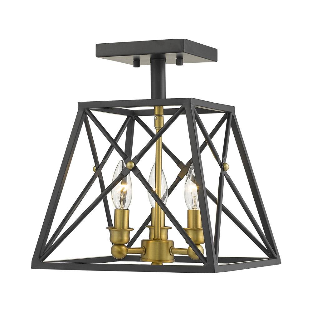 Trestle Semi Flush Mount Ceiling Light in Matte Black/Olde Brass.