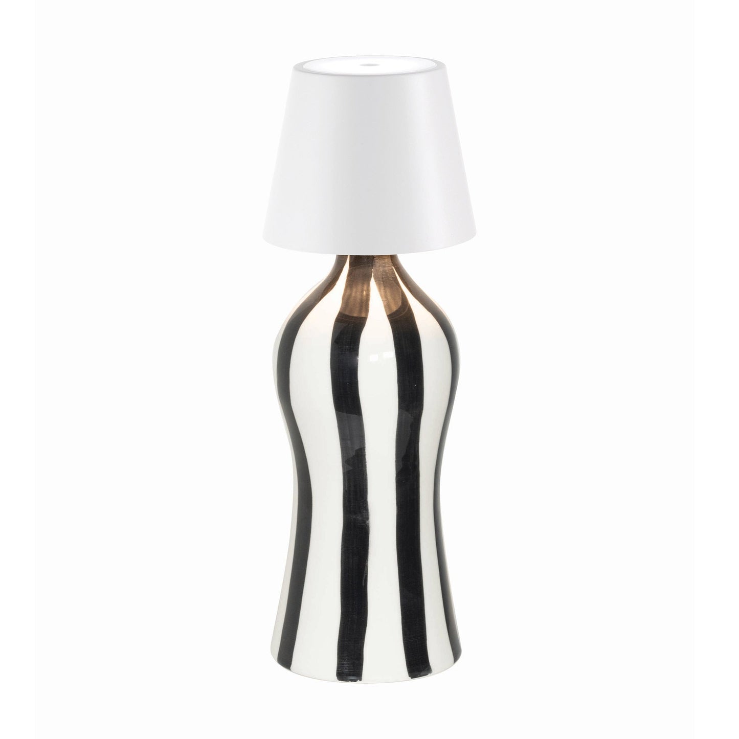 Poldina Pro Lido Bottle Outdoor Rechargeable LED Table Lamp in White/Black Stripes.