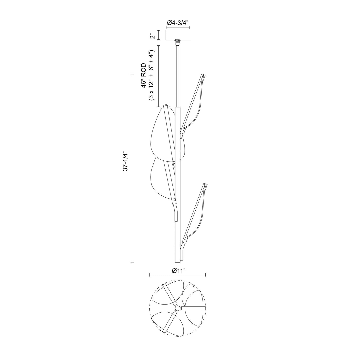 Flora LED Vertical Pendant Light - line drawing.