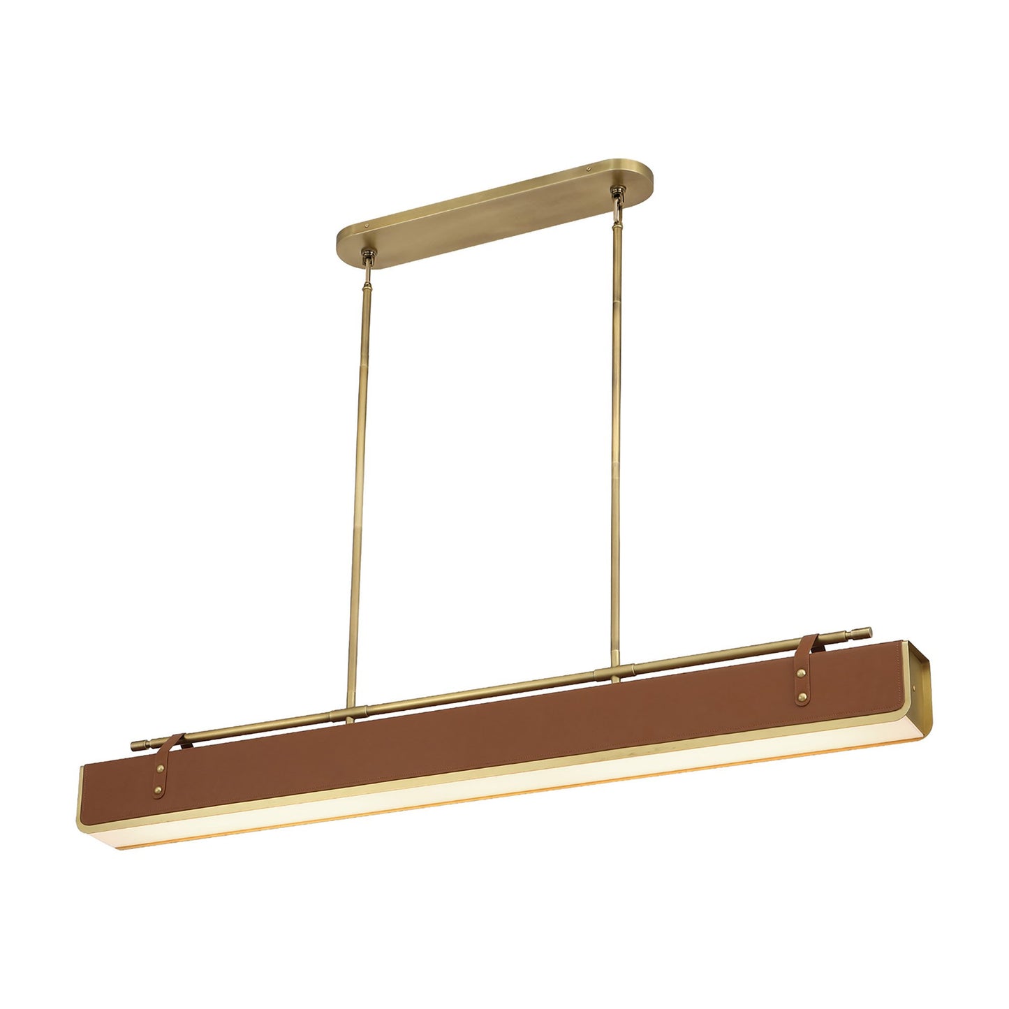 Valise LED Linear Pendant Light in Large/Vintage Brass/Cognac Leather.