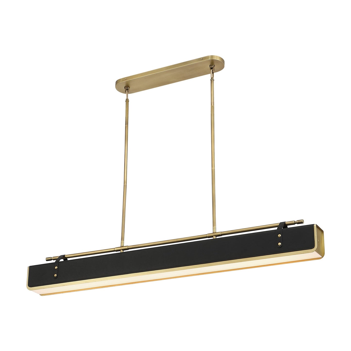Valise LED Linear Pendant Light in Large/Vintage Brass/Tuxedo Leather.