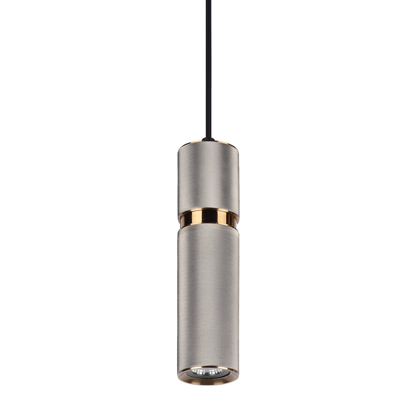 Cicada Pendant Light in Knurled Light Grey with Brass Accents.