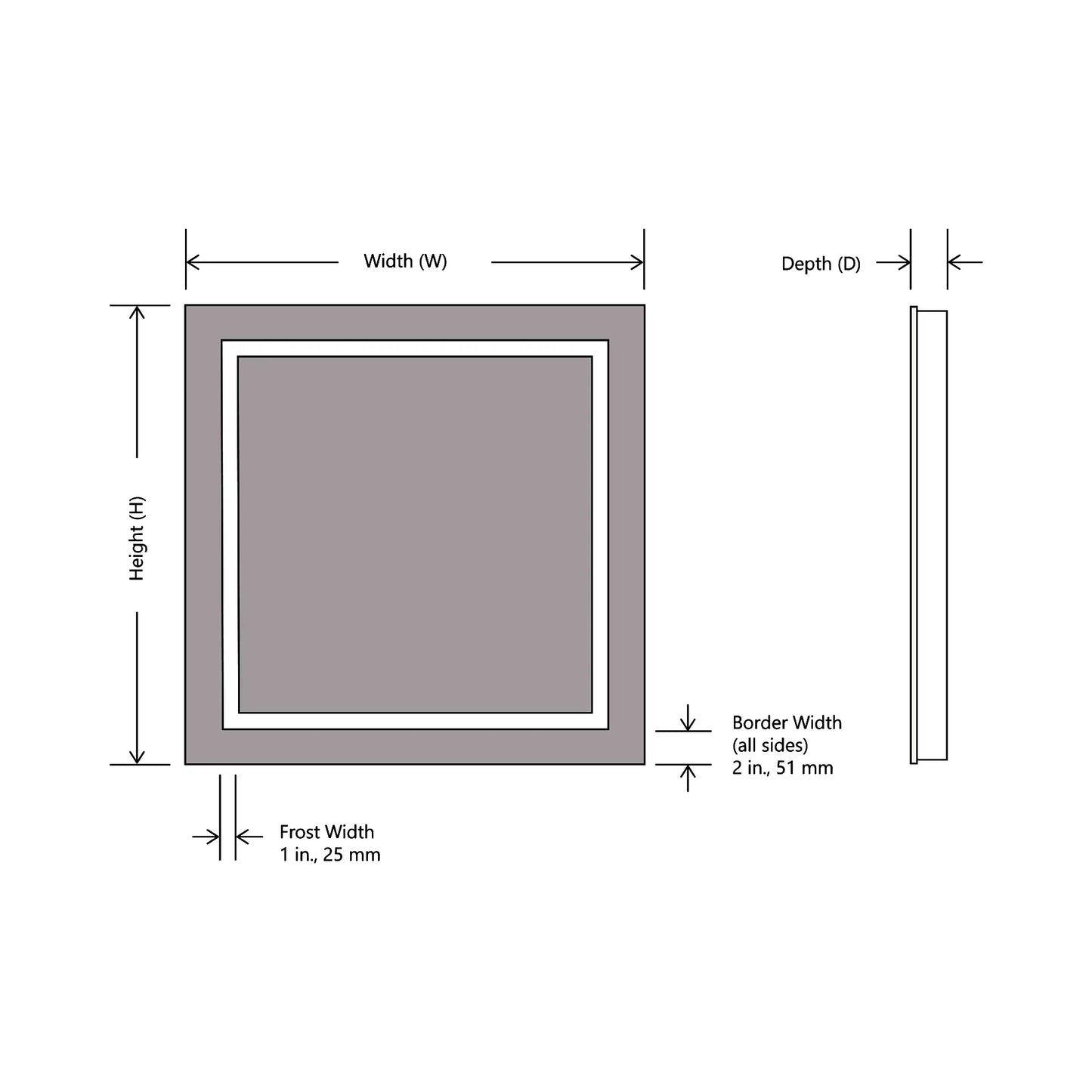 Unity LED Lighted Mirror - line drawing.