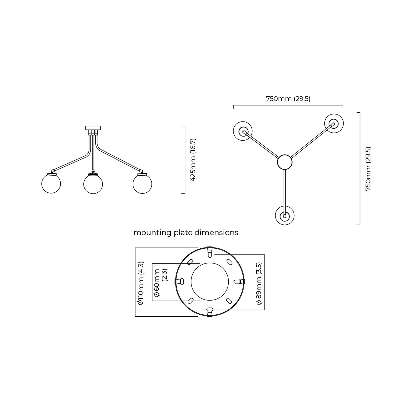 Array Mini Opal Semi Flush Mount Ceiling Light - line drawing.