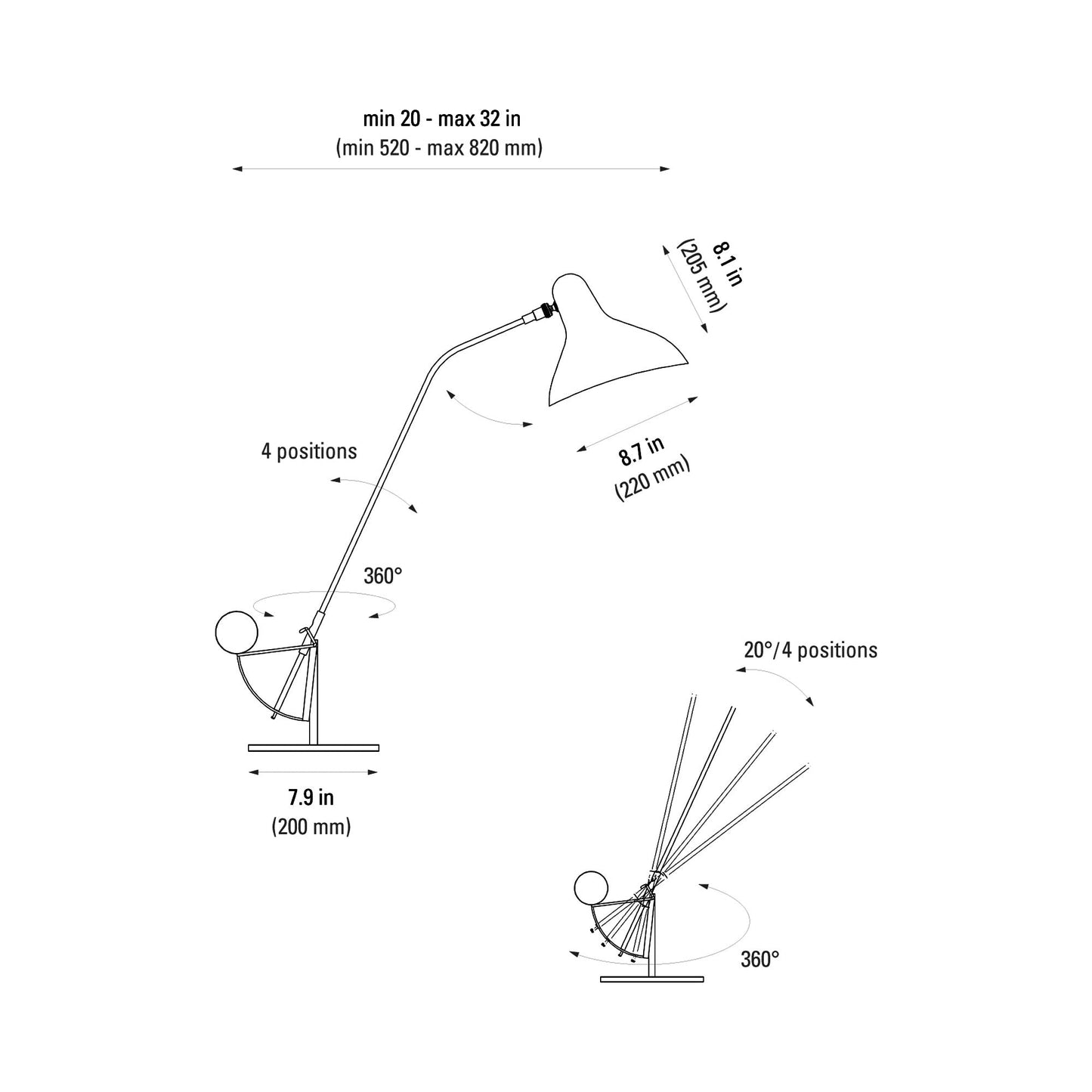 Mantis BS3 LED Desk Lamp - line drawing.