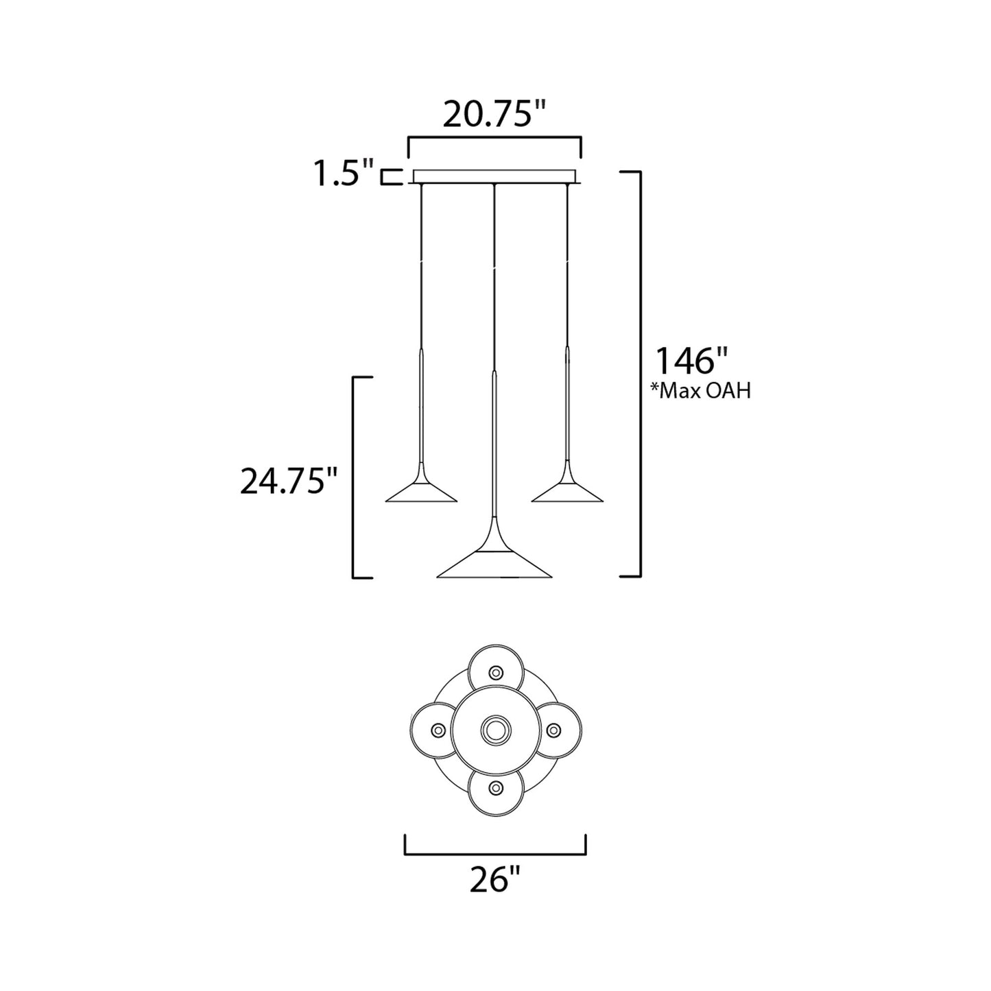 Cono LED Multi-Light Pendant Light - line drawing.