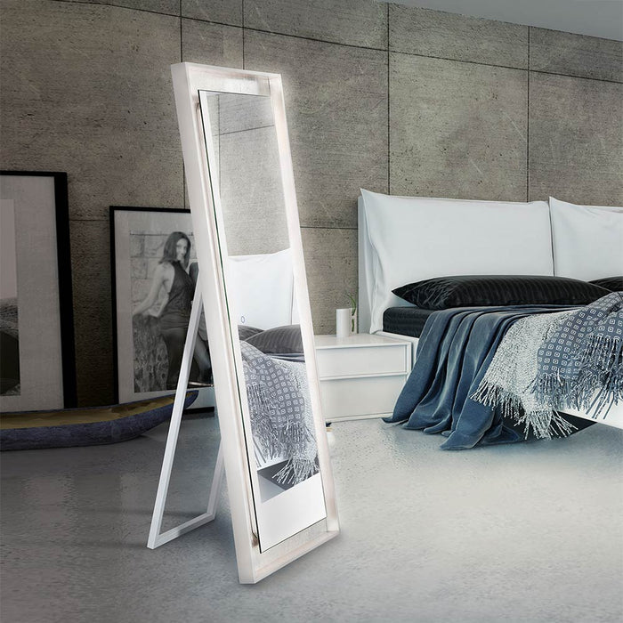 Anya LED Freestanding Mirror in bedroom.