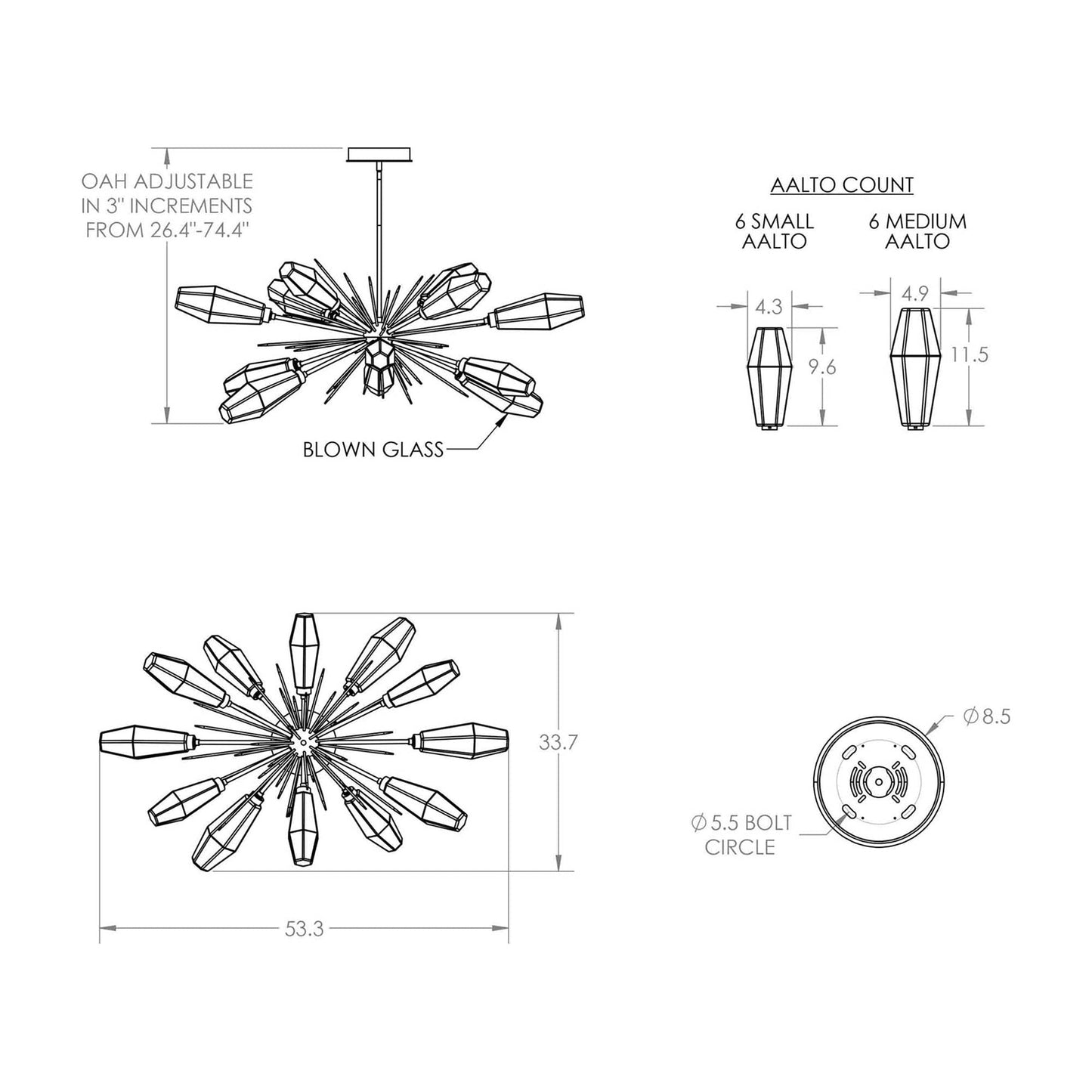 Aalto Oval Starburst LED Chandelier - line drawing.