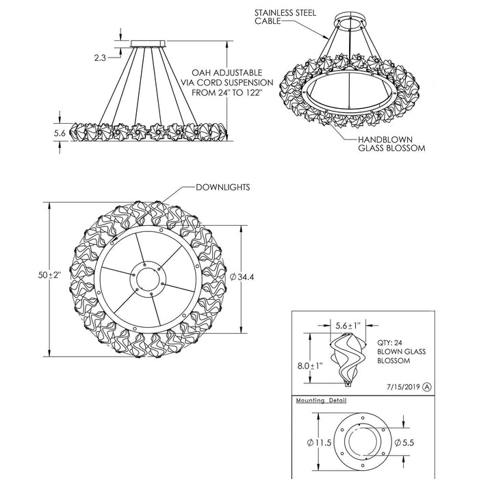Blossom Ring LED Chandelier - line drawing.