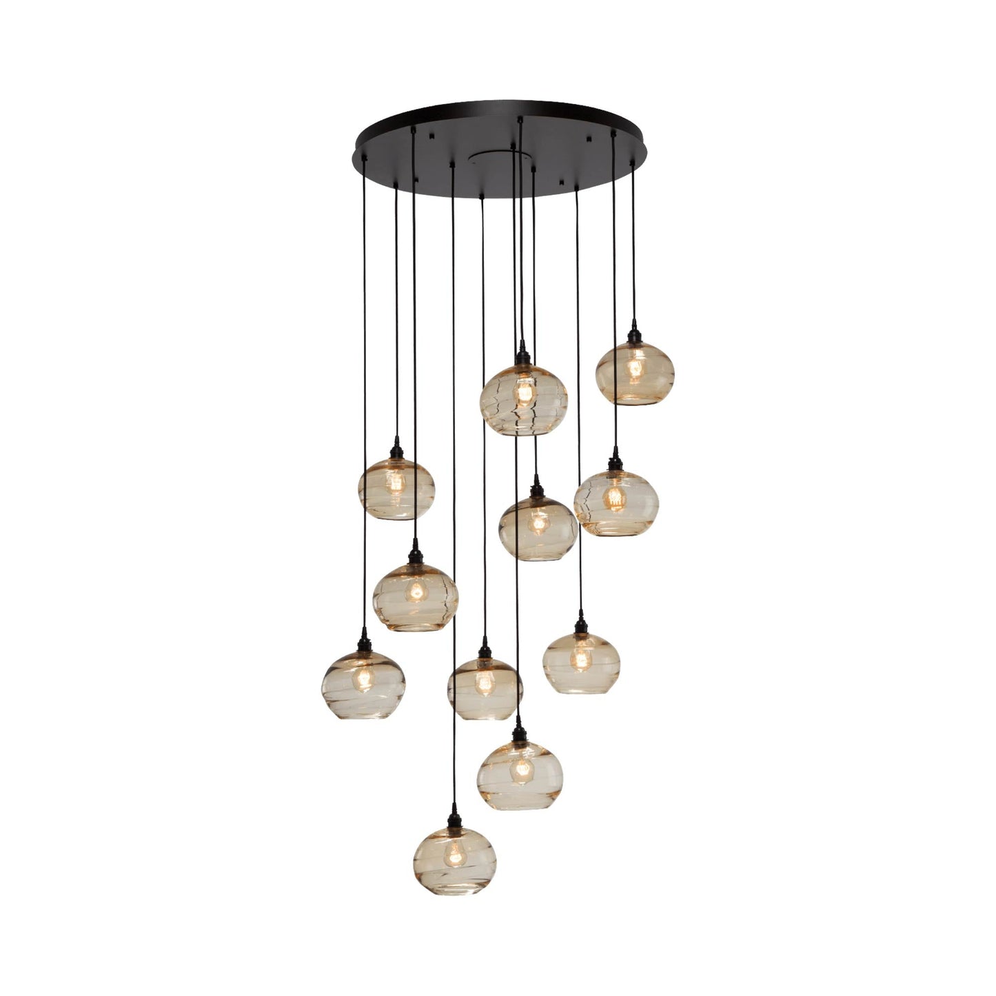 Coppa Round Multi Light Pendant Light in Matte Black/Amber Class (11-Light).