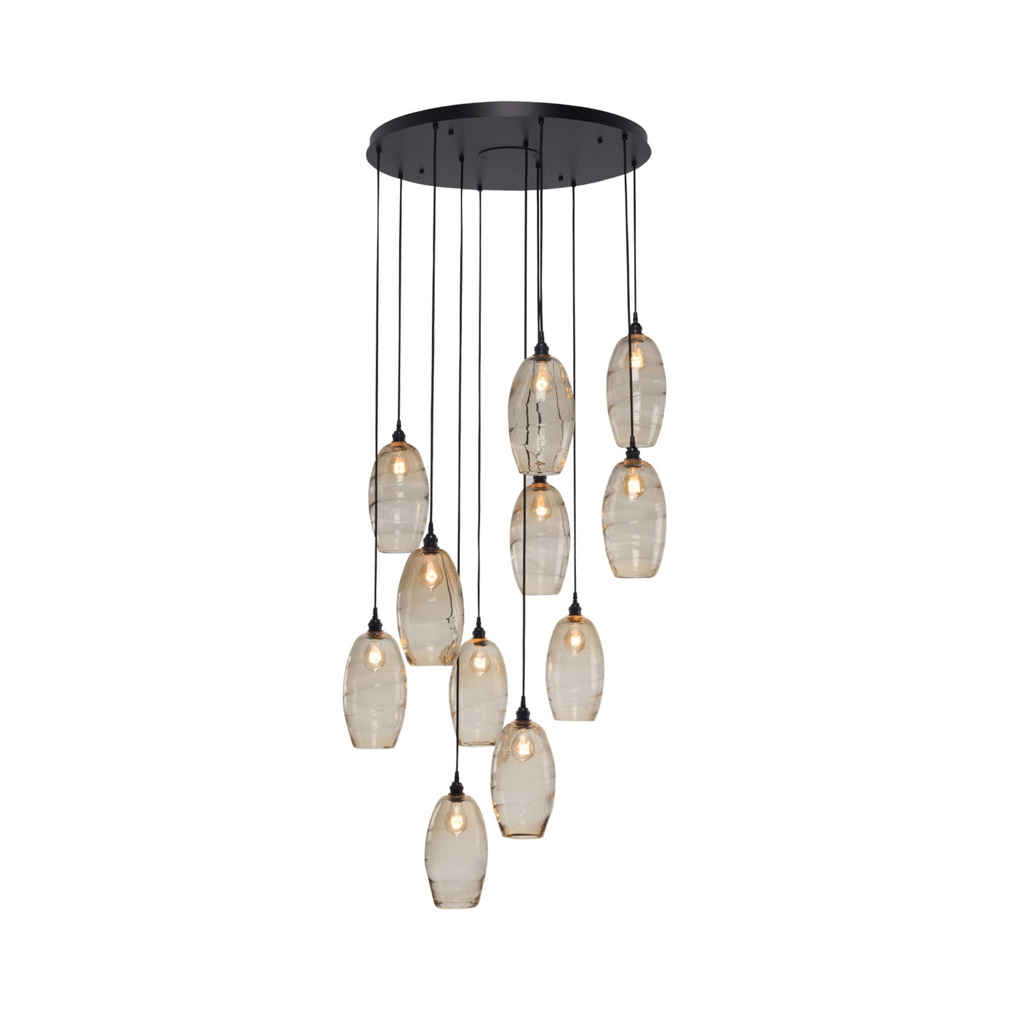 Ellisse Round Multi Light Pendant Light in Matte Black/Optic Blown Glass - Amber (11-Light).