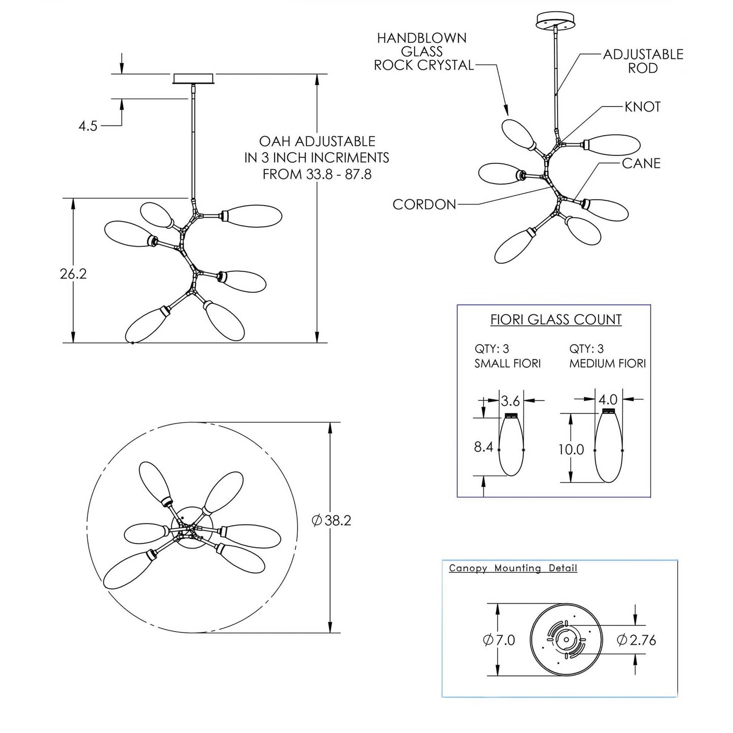Fiori Modern Vine LED Pendant Light - line drawing.
