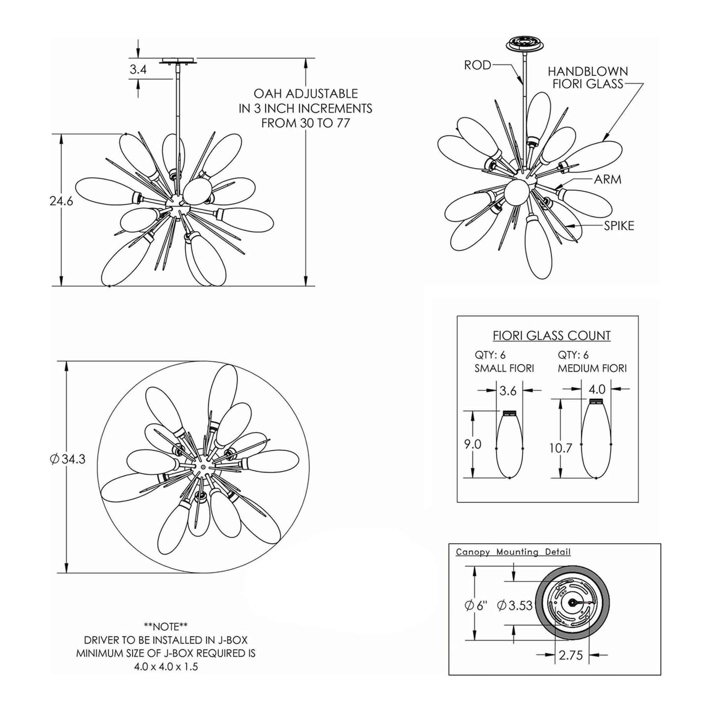 Fiori Starburst LED Chandelier - line drawing.