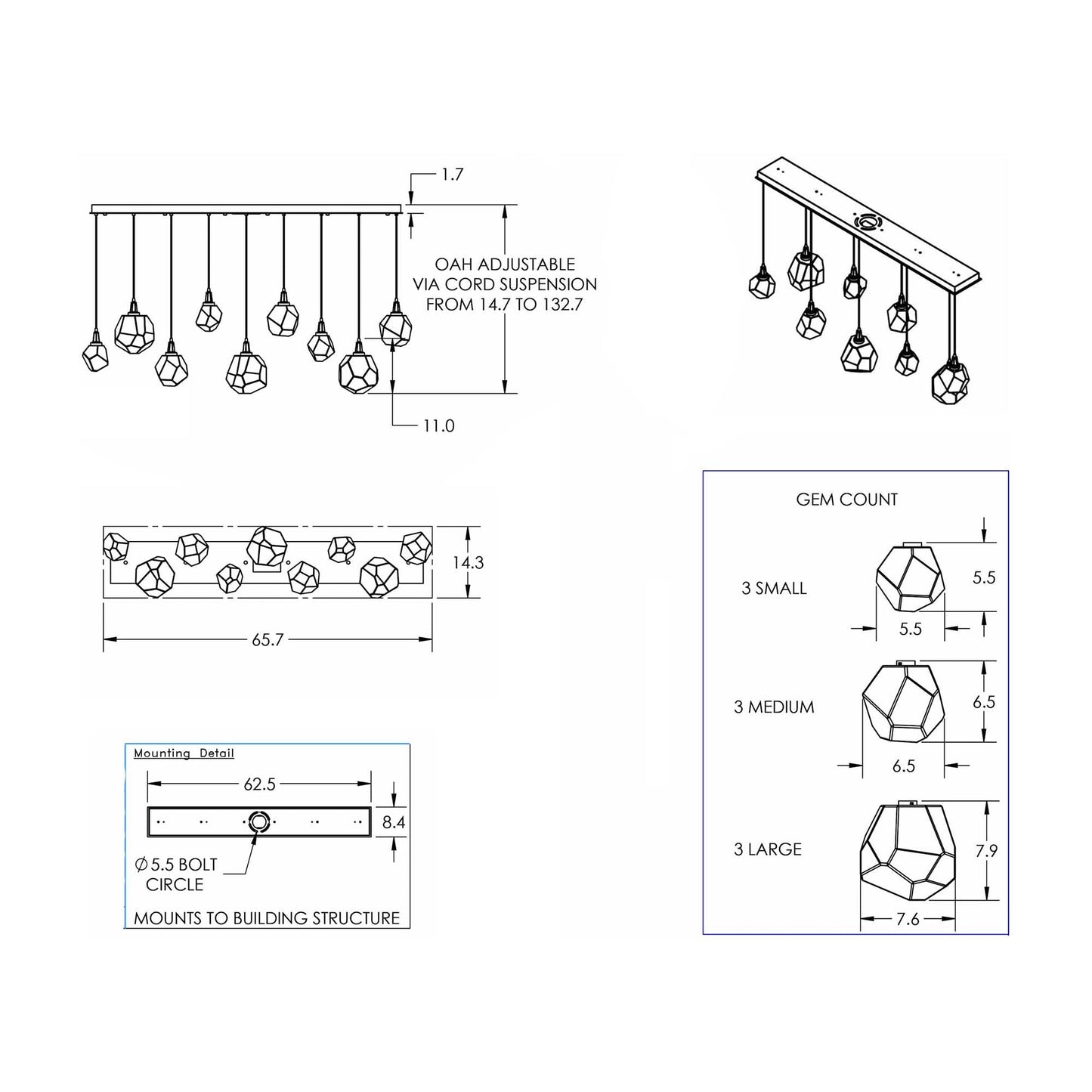 Gem LED Linear Pendant Light - line drawing.