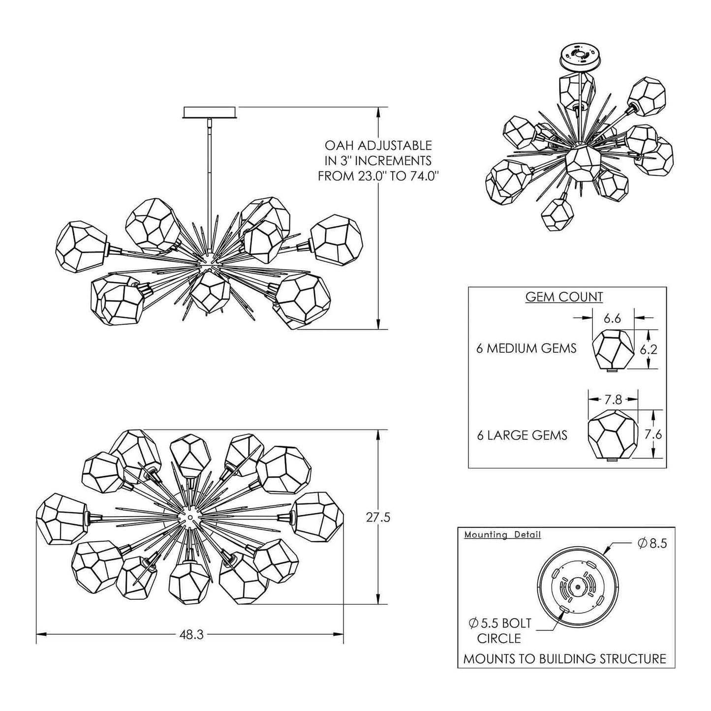 Gem Oval Starburst LED Chandelier - line drawing.