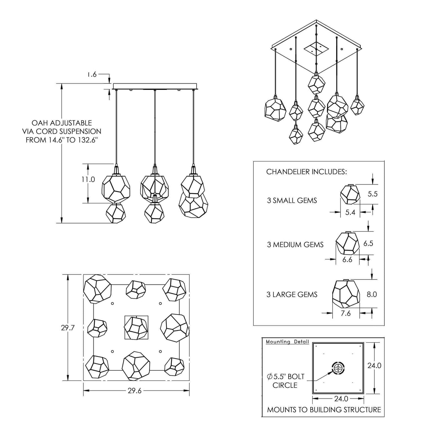 Gem Square LED Multi Light Pendant Light - line drawing.
