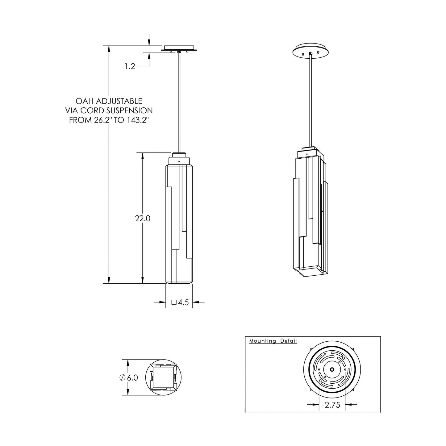 Ledgestone LED Pendant Light - line drawing.