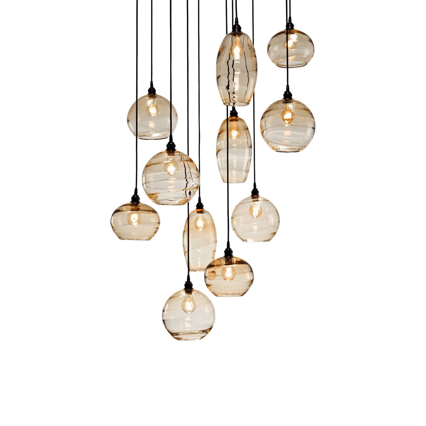 Misto Round Multi Light Pendant Light in Matte Black/Amber Glass (11-Light).