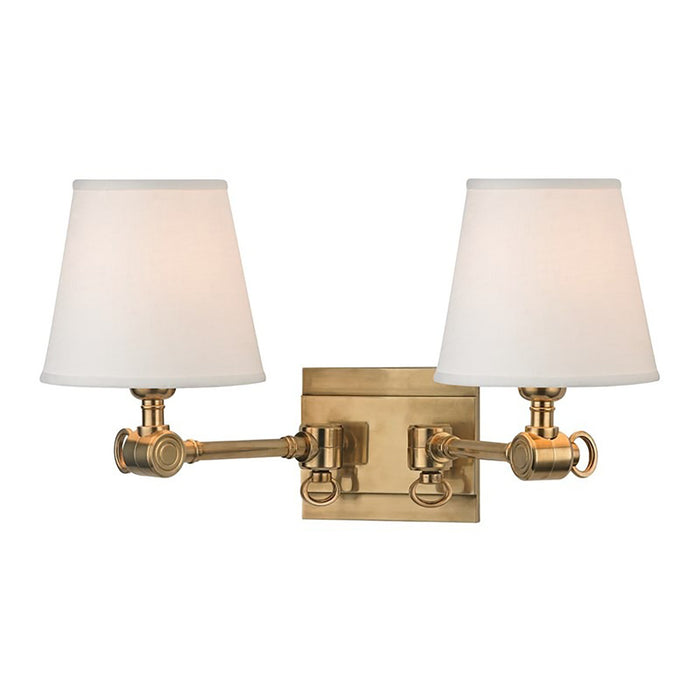 Hillsdale Two Light Wall Light in Aged Brass.