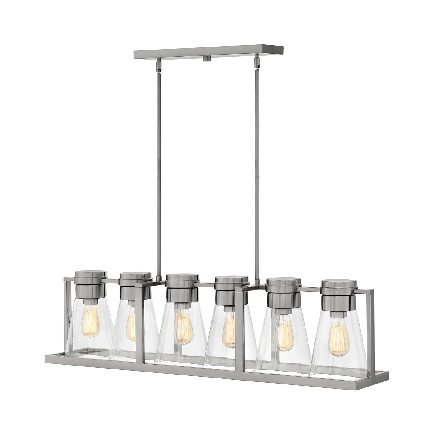 Refinery Linear Pendant Light in Brushed Nickel/Clear Glass.