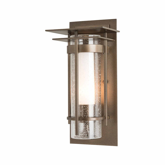 Banded Outdoor Wall Light with Top Plate in Small/Incandescent/Coastal Black/Opal and Seeded Glass.